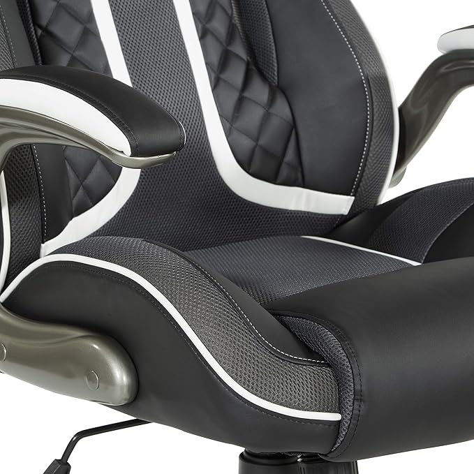 OSP Home Furnishings Xplorer 51 Ergonomic Adjustable High Back Gaming Chair with Lumbar Support and Padded Flip Arms Black Faux Leather with White Trim