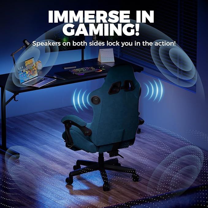 GTPLAYER ACE-PRO Music Gaming Chairs – Built-in Speakers App Support &amp Bluetooth Control Computer Game Chairs with Footrest for Adults Ergonomic Reclining Silla Linkage Armrest Blue 【Velvet】