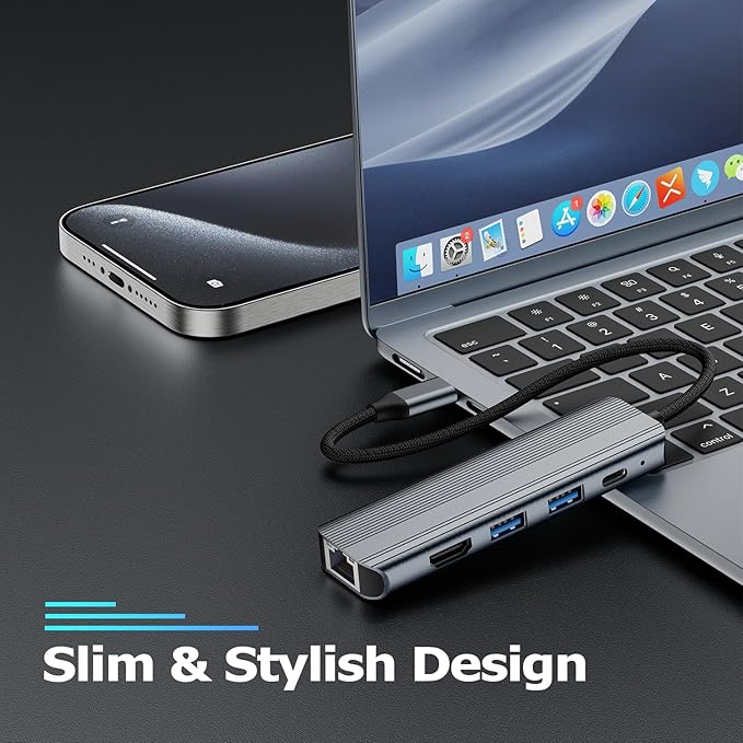 USB C Hub Ethernet HDMI Multiport Adapter for MacBook Pro/Air iPad Laptop Dock with 5Gbps USB A/C 1Gbps RJ45 Gigabit Ethernet 4K 30Hz HDMI 100W Pass Through Charging