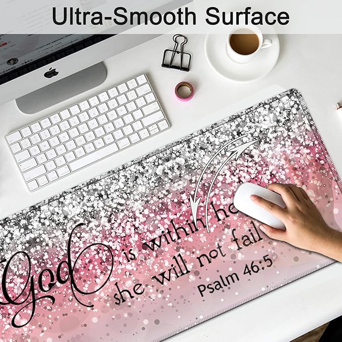 Large Gaming Mouse Pad Extended Waterproof Desk Pad Protector (31.5 x 11.8) Ergonomics Memory Foam Mouse Wrist Rest Support for Home Office Laptop Easy Typing Psalm 46:5 Pink Glitter Mouse Mat