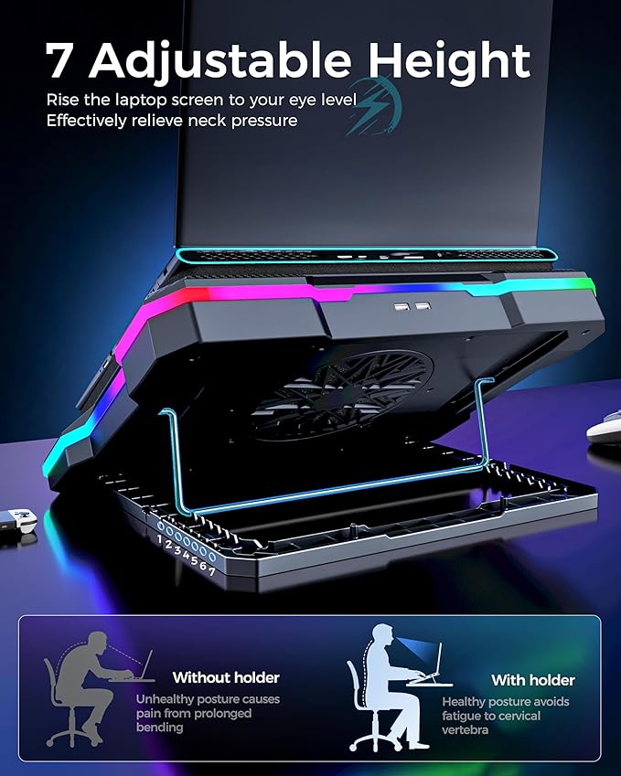 AICHESON Gaming Laptop Cooling Pad with Full RGB Lights Powerful Cooler Fan Stand for 15-19 inch Gamer Laptops and PC Computers