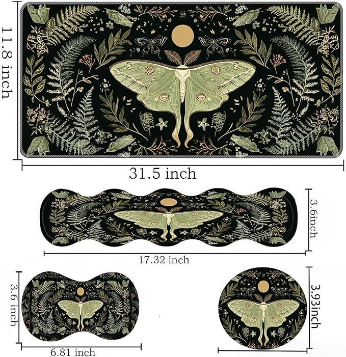 Keyboard Mouse Pad SetLarge Desk Pad+Keyboard Wrist Rest+Mouse Wrist Support+CoasterEasy Typing Pain Relief Non-Slip Wrist Support Mousepad Set Home OfficeLuna Moth Series