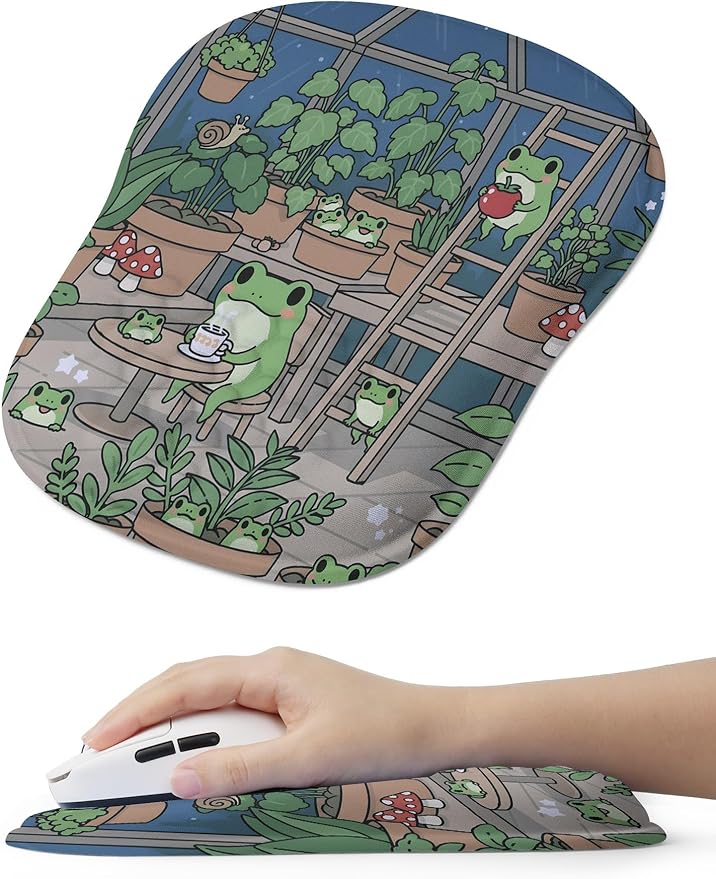 Kawaii Frog Ergonomic Mouse Pad for Carpal Tunnel Pain Relief 65% Usable Mouse Area in Compact Size Memory Foam Concave Wrist Rest for Office PC Gaming
