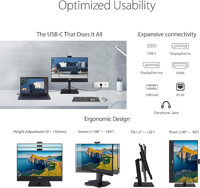 ASUS 24” 1080P Video Conferencing Monitor (BE24ECSNK) - Full HD IPS Built-in Adjustable 2MP Webcam AI Noise-canceling Mic Eye Care USB-C Docking RJ45 Height Adjustable HDMI Zoom Certified