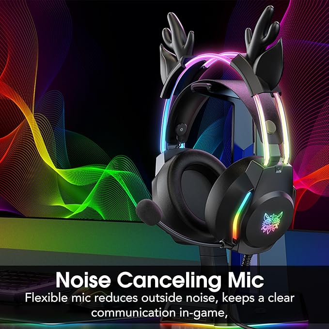 Gaming Headset with Microphone Deer Ears Headphones for PC Laptop PS4 PS5 Xbox Switch Rainbow RGB Lighting &amp Virtual Surround Sound 3.5mm Over Ear Headphones Ergonomic