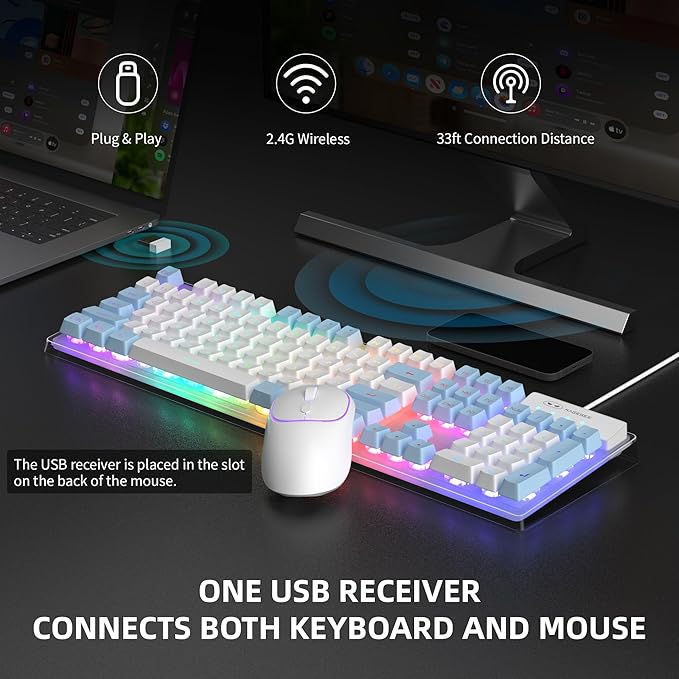 MageGee V550 Wireless Gaming Keyboard and Mouse 2.4G Full-Sized RGB LED Computer Keyboards with Transparent Shell Rechargeable Quiet Cordless Mouse &amp Keyboard Combo for Laptop/PC (Blue &amp Whi