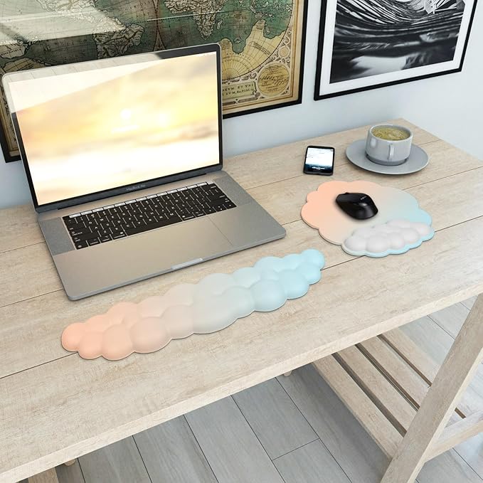 Cloud Mouse Pad Wrist Support Keyboard Wrist Rest Set Ergonomic Wrist Support for Typing Pain Relief Portable for Computer Office Gaming (Orange Light Blue-F)