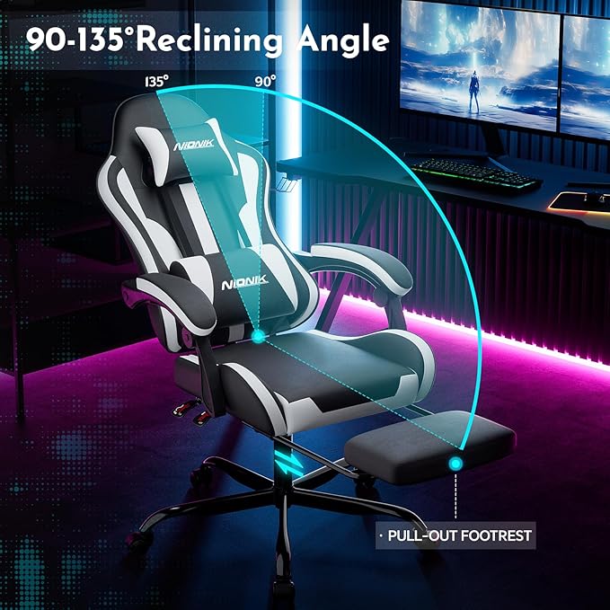 Gaming Chair Ergonomic Computer Chair with Footrest and Lumbar Support Height Adjustable Game Chair with 360°-Swivel Seat and Headrest and for Office or Gaming Blackwhite