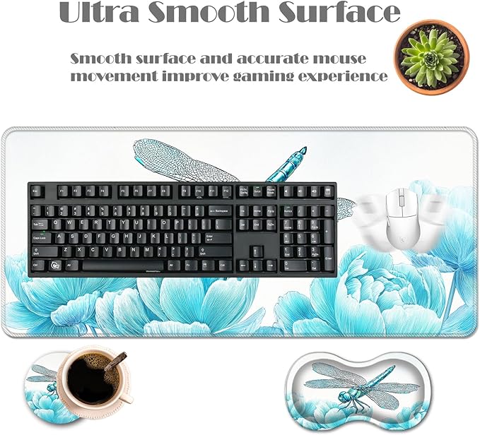 Ergonomic Keyboard Wrist Rest &amp Mouse Pad Wrist Rest SetXL Gaming Desk Mat 31.5x 11.8Non-Slip BaseMemory FoamEasy Typing Pain Relief for Office &amp HomeDragonfly Blooming Flower