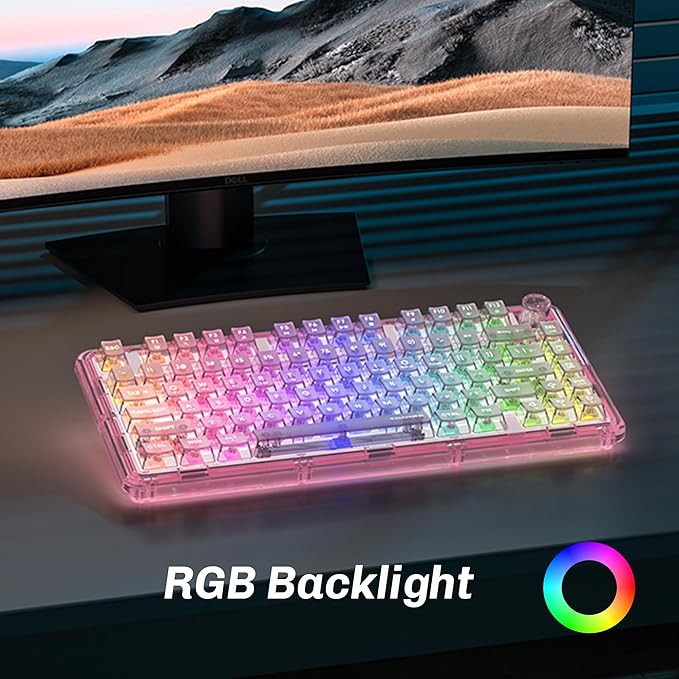 Transparent Mechanical Keyboard 80-Key RGB Backlit Wireless Gaming Keyboards Hot Swap Customizable Clear Acrylic Design Quiet Linear Switches 3 Modes BT5.0/2.4G/USB-C 4000mAh Battery (Pink)