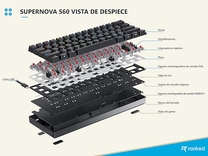 Ranked S60 Supernova 60% | Hot Swappable Mechanical Gaming Keyboard | 62 Keys Multi Color RGB LED Backlit for PC/Mac Gamer | ISO ES Spanish Layout (White Gateron Optical Blue)