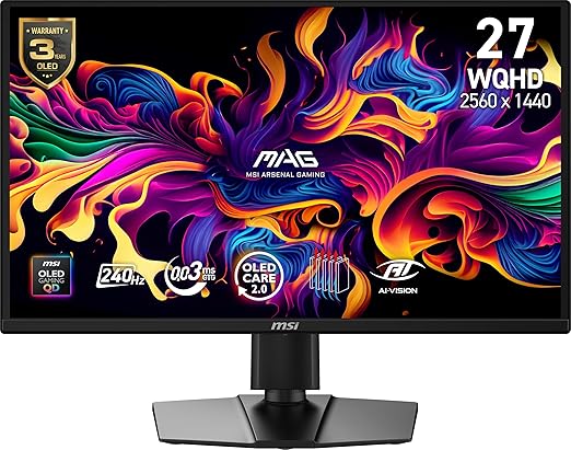 msi MAG 272QP QD-OLED X24 27-inch 2560 x 1440 (QHD) Gaming Monitor 240Hz Adaptive-Sync HDMI DisplayPort VESA Mountable Tilt Height Adjustable Speaker 0.03ms Black