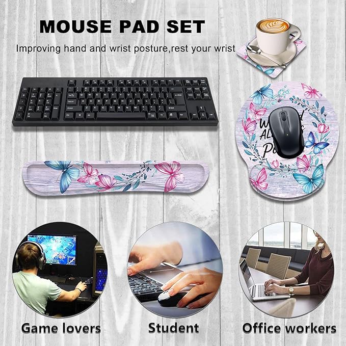 Keyboard Wrist Rest and Mouse Wrist Rest Pad with Cup CoasterMade of Memory FoamErgonomic SupportEasy-Typing and Pain Relieffor Gaming Office Home Computerwith God All Things are Possible Floral