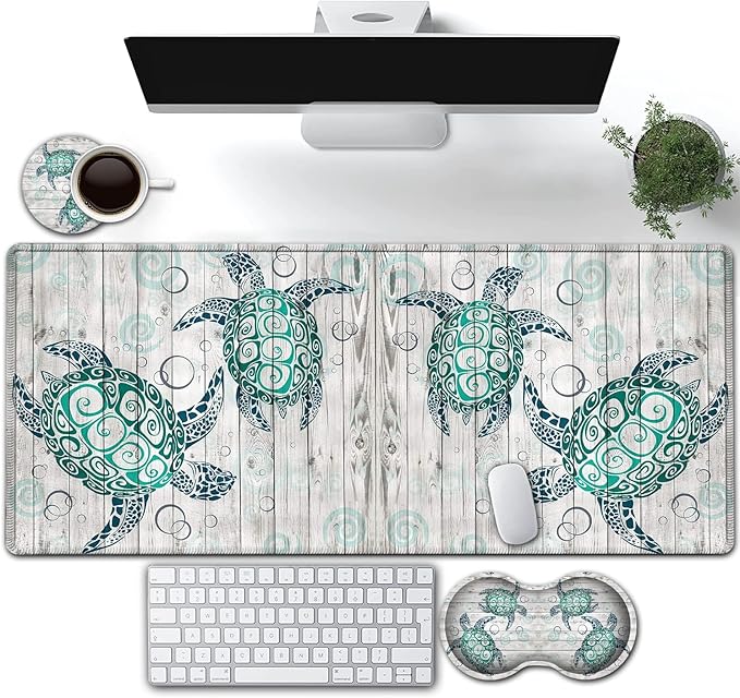 Large Gaming Mouse PadExtended Waterproof Desk Pad Protector (31.5 x 11.8)Ergonomics Memory Foam Mouse Wrist Rest Supportfor Home Office Laptop Easy TypingOcean Turtle Sea Turtle White Mouse Mat