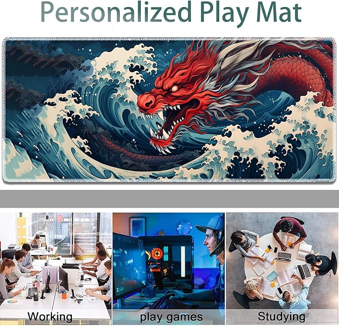 Large Gaming Mouse Pad + Keyboard Wrist Rest + Wrist Support + Coaster Set Memory Foam Ergonomic for Easy Typing XXL Extended Gaming Mouse Pad Table Pad - Sea Wave Red Dragon