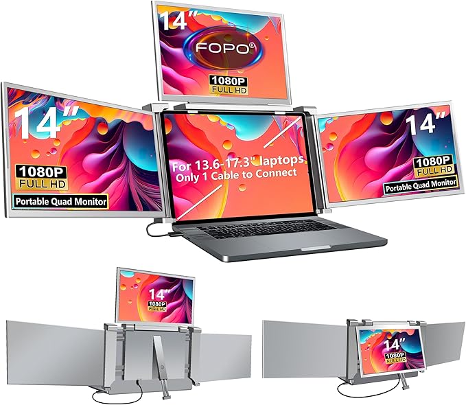 FOPO 14 Laptop Screen Extender Monitor Portable Quad Monitor Just 1 Cable for 3 Screens FHD 1080P IPS Laptop Extender Compatible with Wins/Mac(M1 M2 M3) for 13.6 - 17.3 Laptops