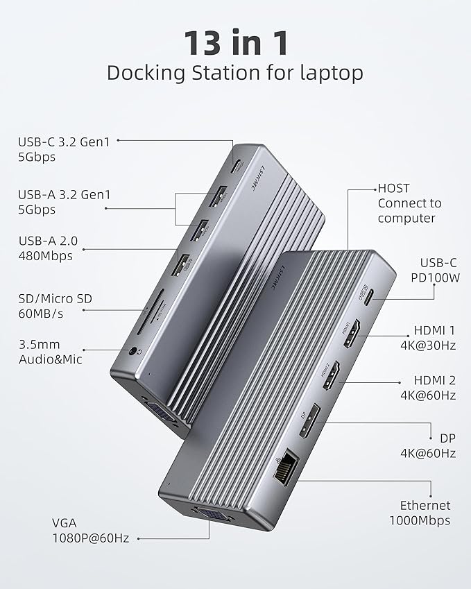 Laptop USB c Docking Station 4 Monitorslsikmc 13-in-1 usbc Hub with Dual HDMI 4kDP 4k VGA 100W PD Gigabit Ethernet3*USB 3.0/USB-cSD/TF Card Reader3.5Audio Computer Dock for Dell/HP/Lenovo