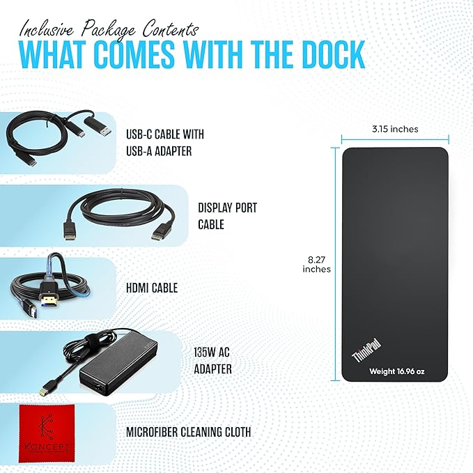 40AF0135US Lenovo Docking Station Dual Monitor Hybrid USB-C with USB-A - Thinkpad Dock with 135W Adap TER HDMI DisplayPort USB C Cable &amp Cleaning Cloth - Thinkpad Docking Station