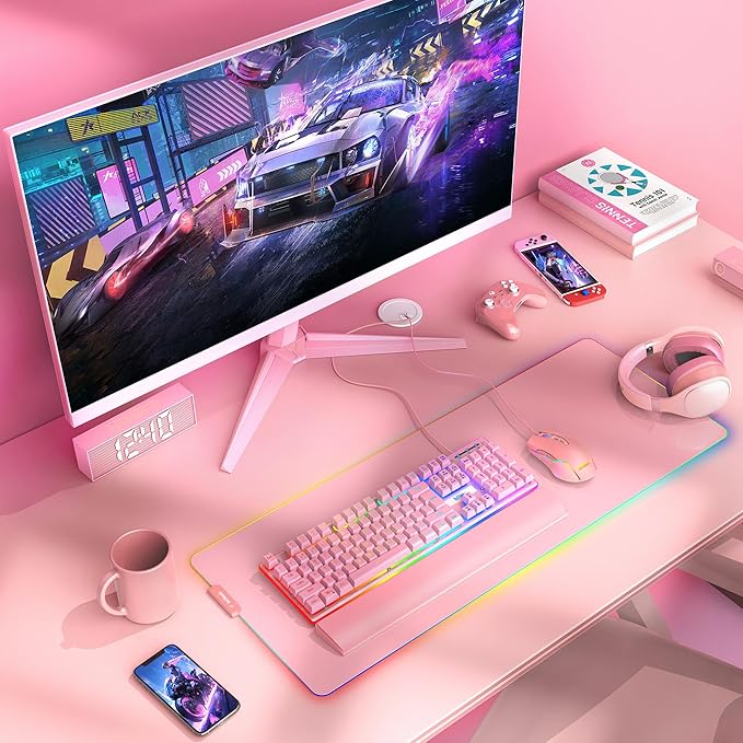 RedThunder K10 Wired Gaming Keyboard and Mouse and Wrist Rest Combo RGB Backlit Mechanical Feel Anti-ghosting Keyboard + 7D 7200 DPI Mice+Soft Leather Wrist Rest 3 in 1 PC Gamer Accessories(Pink)
