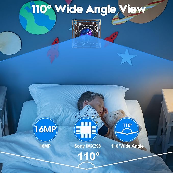16MP USB Camera Module Wide Angle 110 Degree No Distortion Lens Ultra HD 3496P Plug and Play Compatible with WinXP/Vista/WIN7/WIN8/Win9/Win10/Win11/Linux/Mac-OS X/Wince/Android