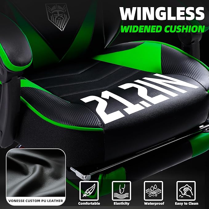 Vonesse Gaming Chair High Back Gaming Chair with Footrest and Massage Gaming Chairs for Adults with Pocket Spring Cushion Big and Tall Reclining Computer Chair with Lumbar Support (Green/Black)
