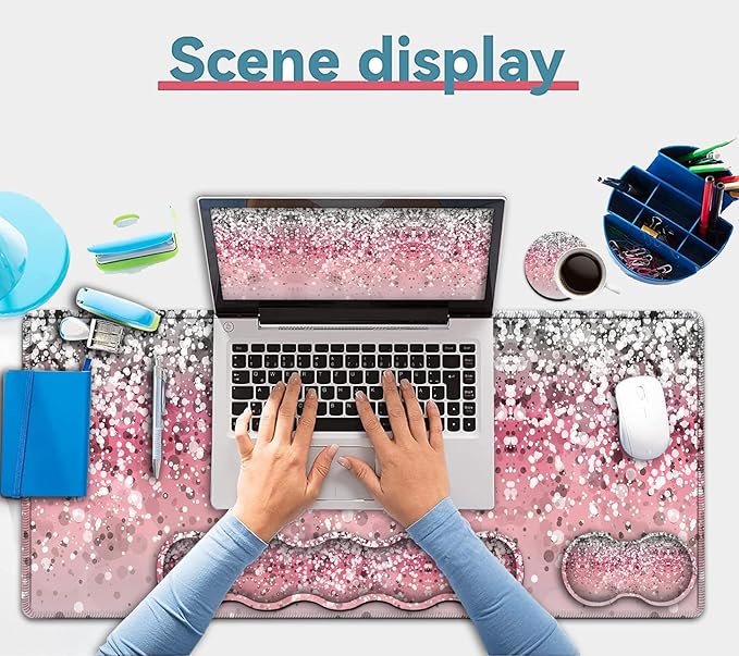 Pink Mouse PadKeyboard Mouse Pad SetExtended Gaming Mouse Pad + Memory Foam Keyboard Wrist Rest Support Pink Glitter Office Desk Mat Writing Pad Easy Typing Pain ReliefXXL Large Mousepad Desk Mat