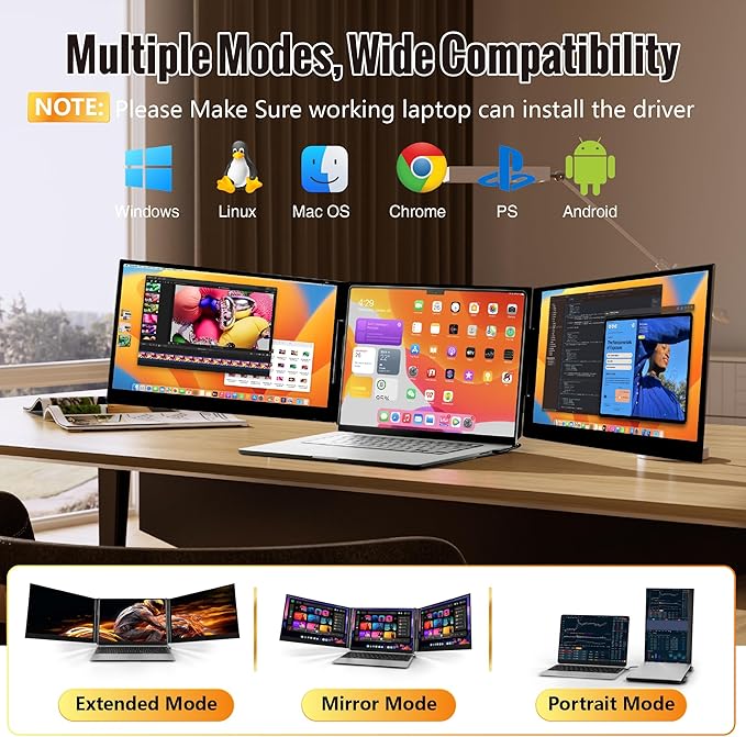 One Cable Connection Laptop Screen Extender Monitor Portable Ultra Thin 15.6 1080P FHD Triple ScreenFit for 13-17 Laptop Plug &amp Play Compatiable with Win/Mac/Chrome/Android
