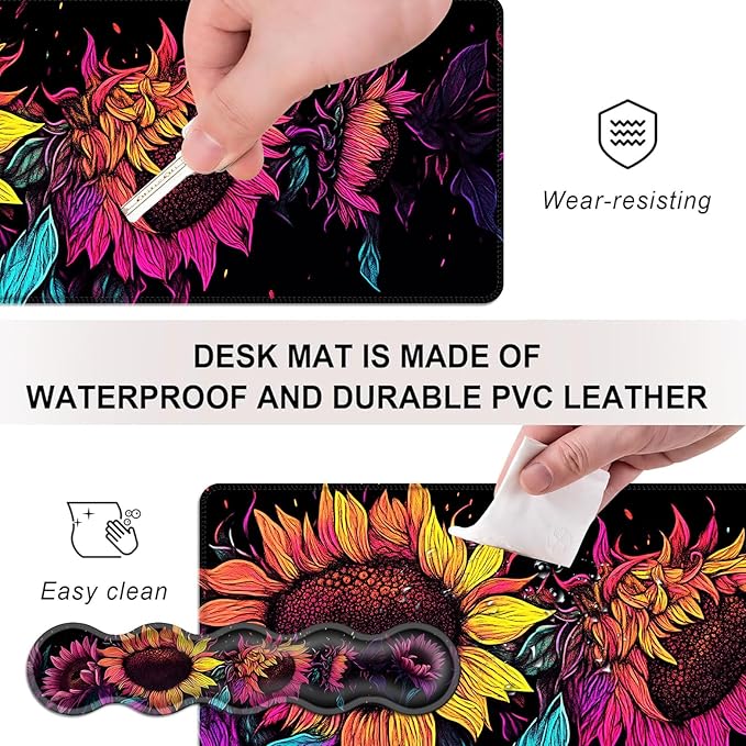 Mouse PadLarge Desk Mat Set 4in1 XL Mousepad + Keyboard Wrist Rest+Mouse Wrist Rest+Coaster with Ergonomic Desk Pad for Home Office Table Computer Cover -Neon Colorful Sunflowers