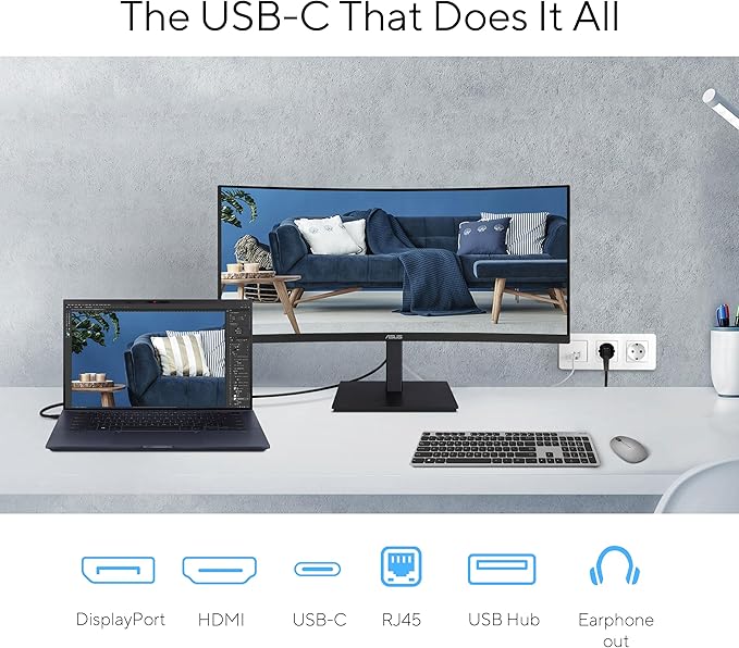 ASUS 34” Curved USB-C Docking Monitor (VA34VCPSR) - WQHD (3440x1440) 1500R Curvature Frameless USB-C PD 96W RJ45 USB hub Eye Care Ergonomic VESA Wall Mountable 3 yr Warranty