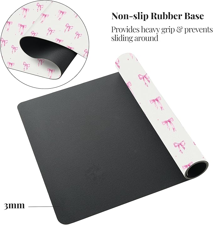 Idocolors Pink Bows Desk Mat Cute Extended Gaming Keyboard Mouse Pad Large Office Desk Cover Mat Pad Deskmat Non-Slip Leather Home Office Desk Mat Protector 27.6x13.8