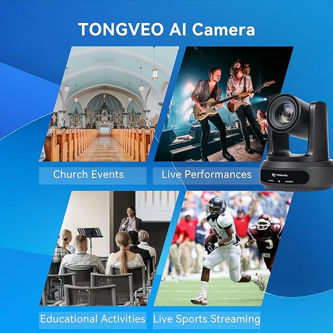 TONGVEO AI Auto-Tracking PTZ Camera: 20X Optical Zoom 1080P 60fps HDMI SDI USB PoE Video Camera for Church Worship Live Streaming Conference Room Webcam for OBS