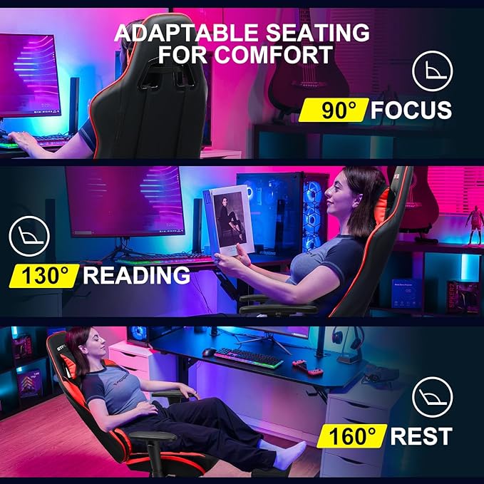 GTPLAYER Gaming Chair with Footrest Ergonomic Computer Game Desk Chair Reclining Gamer Chair Seat Height Adjustment Swivel Rocker with Headrest and Lumbar (Brickred)