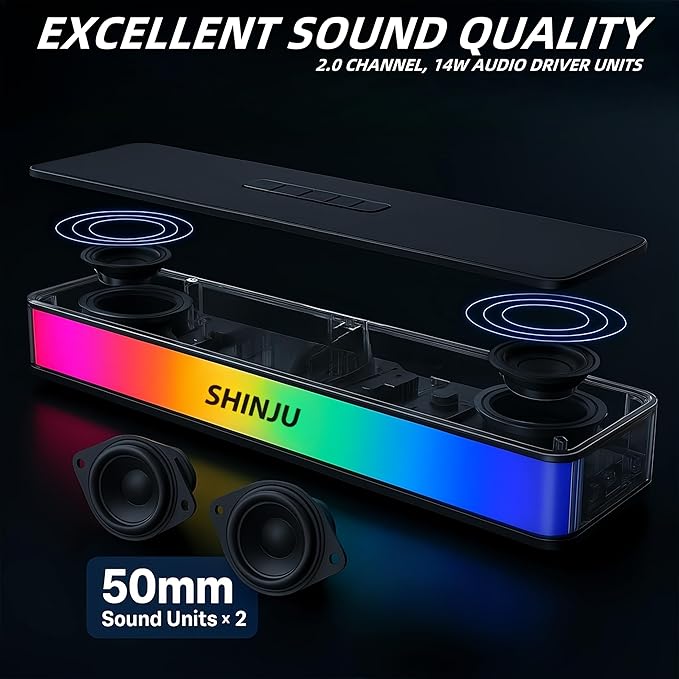 ShinJu RGB Computer Speakers for Desktop PC Gaming Accessories 5.3 Bluetooth Sound Bar for Monitor Speakers Aux Plug in 3.5mm / USB/TF Card Gaming Speakers for PC Bocinas para PC Gamer
