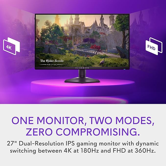 Alienware 27 4K Dual-Resolution Gaming Monitor - AW2725QF - 4K at 180Hz and FHD at 360Hz 0.5ms GTG 1ms GTG (Extreme Mode) VESA AdaptiveSync NVIDIA G-SYNC Compatible HDMI/DP/USB 3.2 Gen1 - Black