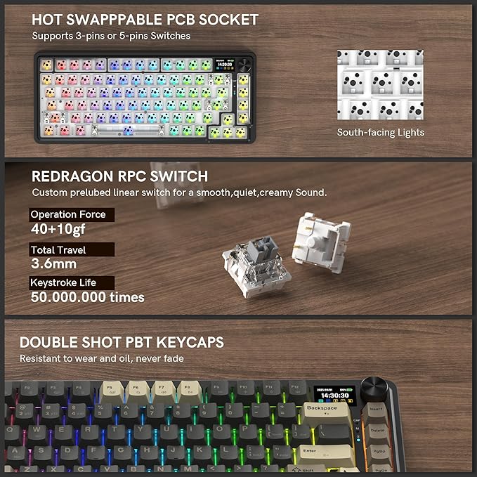 Redragon K751 75% Wireless Mechanical Gaming Keyboard for PC/Mac Bluetooth 5.0/2.4GHz/USB C Wired Creamy Keyboards with Screen/Knob/RGB/Backlit/Linear Switches Hot Swappable Gasket (Retro Brown)