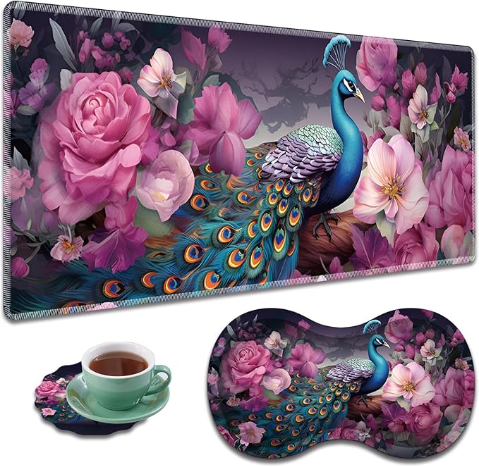 Large Gaming Mouse Pad + Mouse Wrist Rest Pad + Coaster Combination 31.5 x 11.8 Durable Non-Slip Extension Table Mat Suitable for Office and Home Peacock and Flowers