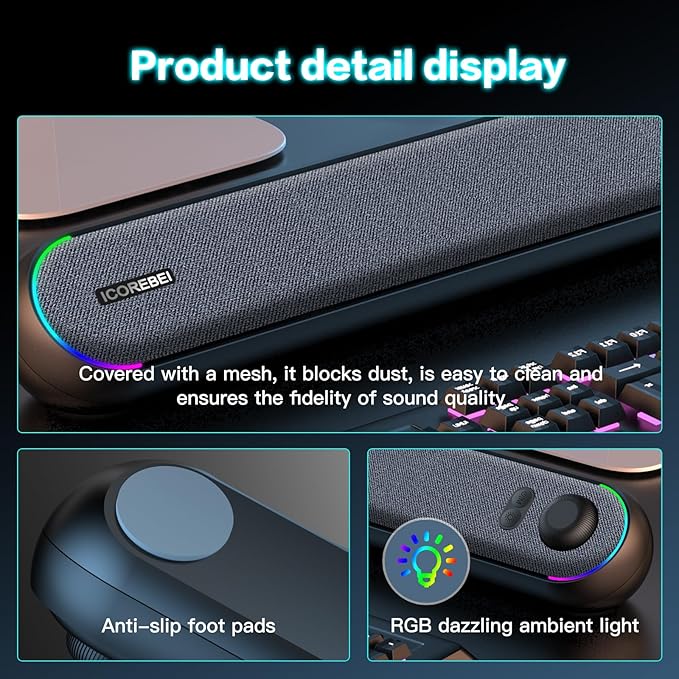 Desktop Computer Speakers Stereo Soundbar Bluetooth 5.3 USB/Type-C Power and Audio Transmission Plug-and-Play Compatible with PC Mac Laptops Monitors RGB Lighting Wired Gaming Speakers