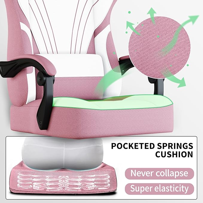 Gaming Chair with FootrestFabric Computer Chair with Pocket Spring CushionHigh Back Comfortable Ergonomic Office Chairs with Lumbar SupportHeight Adjustable Gamer Chair for AdultsPink