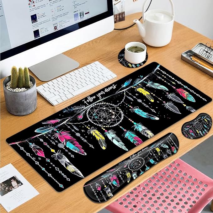 Large Gaming Mouse Pad+ Keyboard Wrist Rest Set Ergonomics Memory Foam Mouse Mat Wrist Rest Support for Home Office Waterproof Extended Mousepad 31.5x11.8in Dream Catcher Black Desk Pad