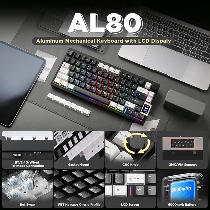 YUNZII AL80 Wireless Mechanical KeyboardFull Aluminum CNC Smart LCD DisplayHot Swappable Gasket Mount 75% Layout with KnobBT/2.4G/USB-CQMK/VIA Support for Win/Mac (Black Gateron Zero Switch)