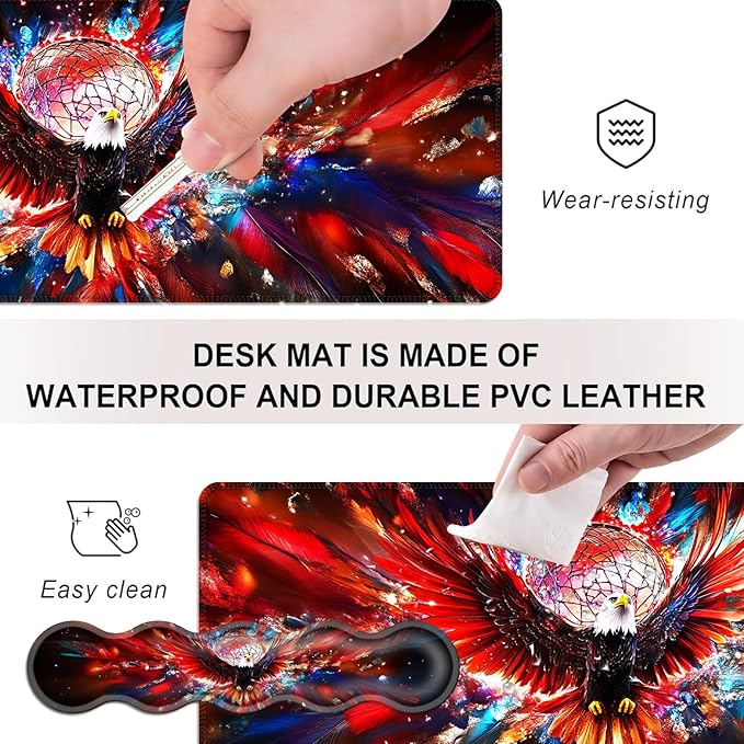 Mouse PadLarge Desk Mat Set 4in1 XL Mousepad + Keyboard Wrist Rest+Mouse Wrist Rest+Coaster with Ergonomic Desk Pad for Home Office Table Computer Cover -Eagle and Dreamcatcher