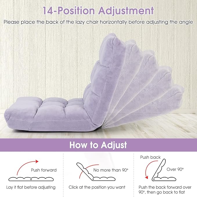 ARLIME Adjustable Floor Chair 14-Position Lazy Sofa Chair with Back Support &amp Thick Padding Portable Foldable Floor Couch for Adults Kids Use in Bedroom Living Room Home Theater (Light Purpl