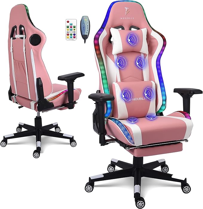 TBQATNTS Gaming Chair Computer Chair with Footrest and Lumbar SupportRGB Computer Chair with Massage Function and SpeakersHeight Adjustable Game Chair for Office or GamingPink