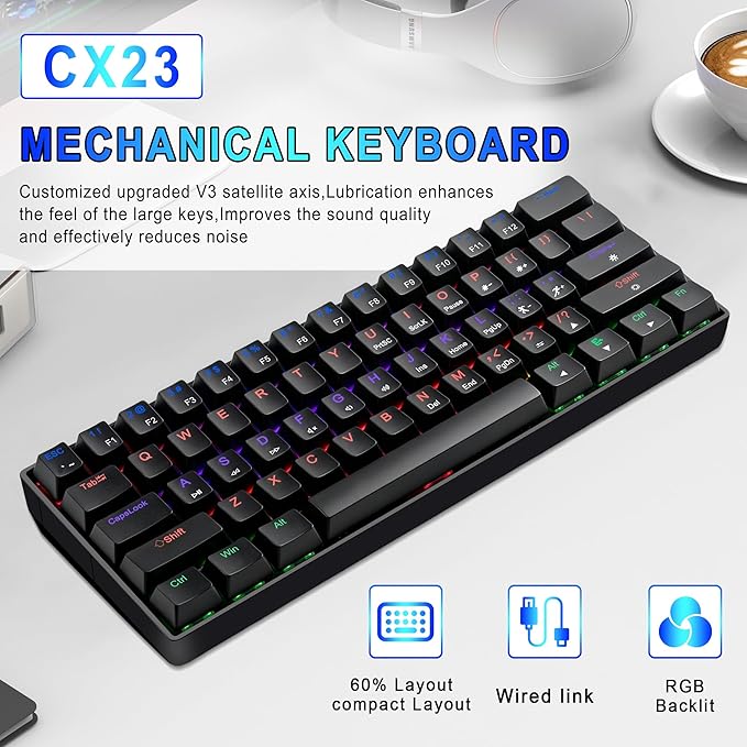 60% Gaming Keyboard Black Wired RGB Mechanical Keyboard with No-Conflict 61 Keys Compact PC Game Keyboards for Windows Mac Quiet Blue Switch