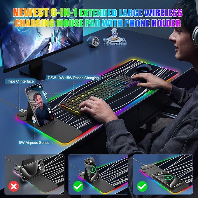 Mouse Pad with Foldable Phone Holder &amp Wireless Charger XL RGB Gaming Mousepad 31.5x11.8 Large Desk Mat for Keyboard Home Desk Pad with Dual Qi Charging Station | 11 Colors &amp 5 Modes | Wat