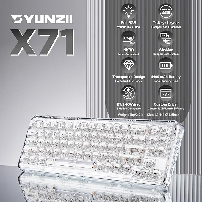 YUNZII X71 Wireless Hot Swappable Transparent Mechanical Keyboard with Clear Keycaps 68% Layout BT5.0/2.4G/USB-C Gasket Mount Wireless RGB Backlit for Windows/Mac(Crystal Ice SwitchWhite)
