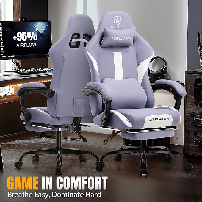 GTPLAYER Gaming Chair with Foot Rest &amp Pocket Spring Cushion Ergonomic High Back Computer Desk Chair with Headrest &amp Lumbar Support for Back Pain Relief Breathable Fabric Purple