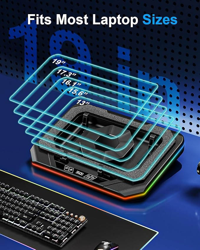MOUNT PRO Gaming Laptop Cooling Pad RGB Laptop Cooler Stand with Powerful Turbofan (3500 RPM) Height Adjustable Laptop Fan Cooling Pad for 13-19 Inches Notebook with Sealed Foam Touch Control