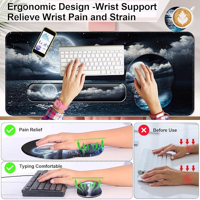 Mouse Pad + Desk Mat + Keyboard Wrist Rest + Coaster 4 in 1 Set Cute Ergonomic Large Gaming Mousepad with Wrist Rest Support Desk Pad for Computer Laptop Office Home Decor-Moon Ocean