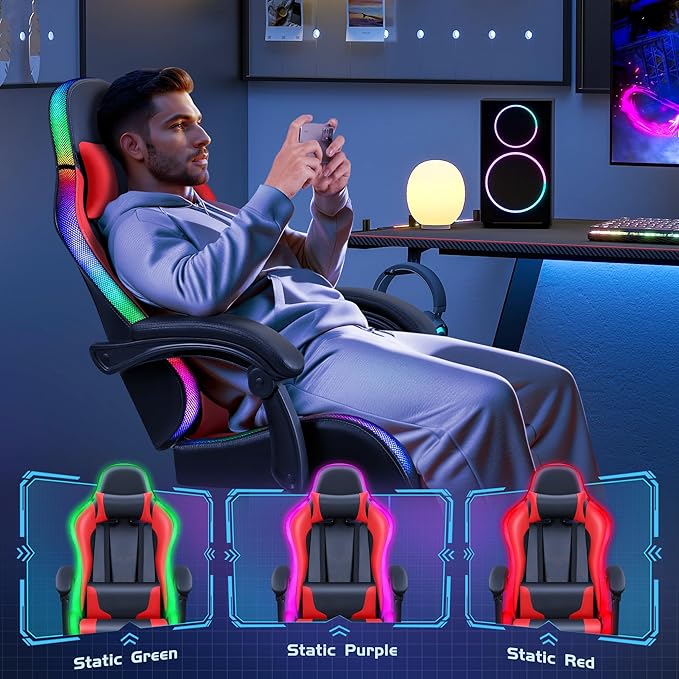 Furmax Gaming Chair with RGB LED Lights Video Game Chair with Footrest and Massage Lumbar Support High Back Reclining Computer Chair with Headrest Swivel Seat Gamer Chair (LED Red)